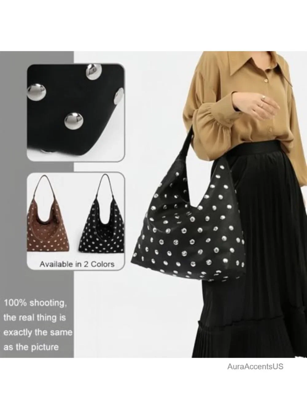 Vegan Leather Studded Hobo Bag Y2K Punk Shoulder Purse Women Slouchy Handbag